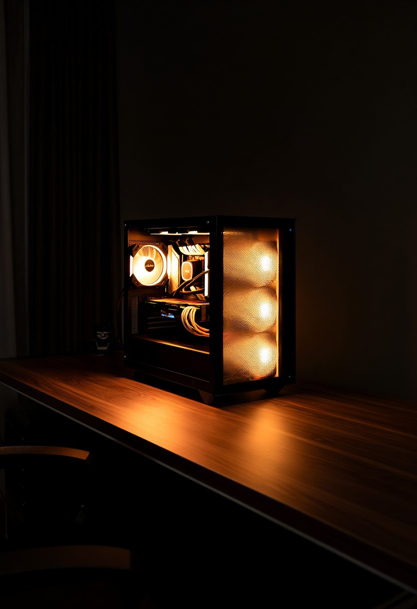 A small PC on a dark wooden desk, glowing warm amber from inside